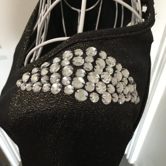 Woman's Dress Backless Bling BNWT form-Fitting Mini Black Gold Slide Sho… - Picture 2 of 5